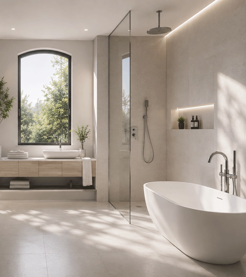 Dasselbe Bad nach der Modernisierung: bodengleiche Dusche hinter Glas, freistehende Wanne und Waschtisch