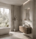 Modernisiertes Bad mit freistehender Wanne, Fenster und Waschtisch aus Holz
